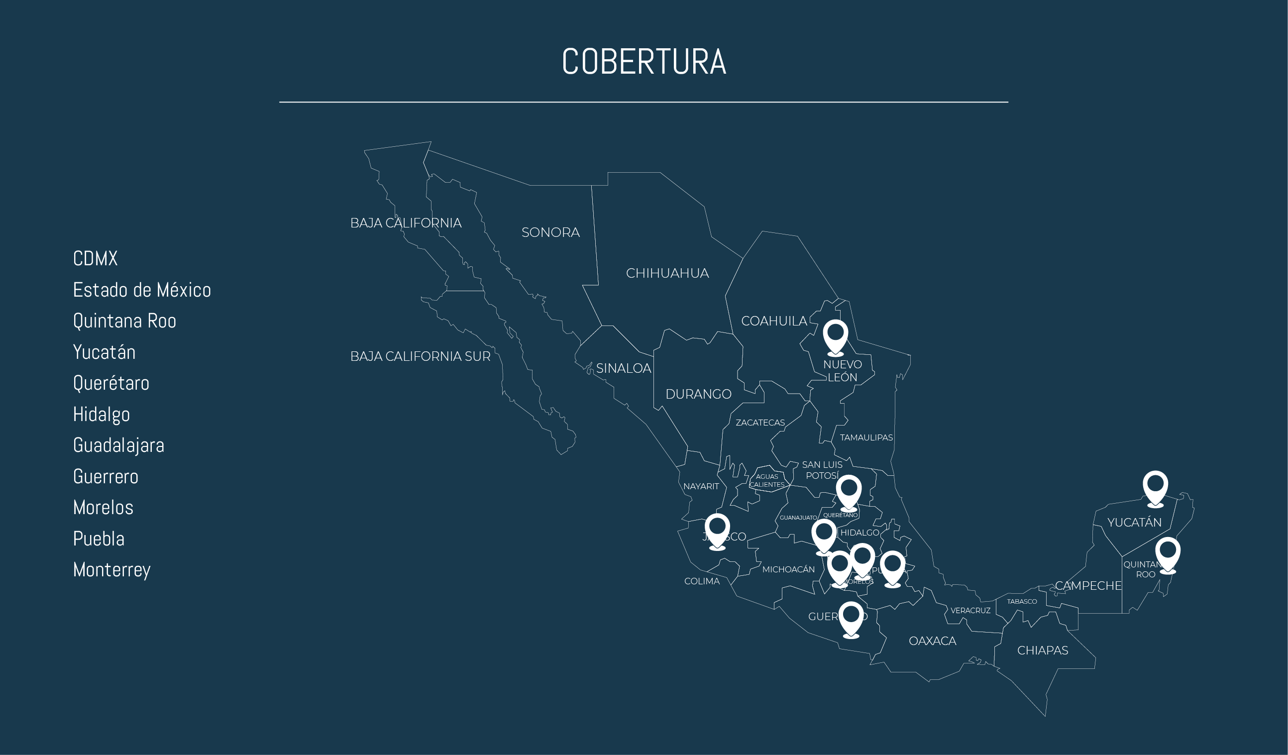 Cobertura de Ingenieros Arquitectos 3.1416: CDMX, Estado de México, Quintana Roo, Yucatán, Querétaro, Hidalgo, Guadalajara, Guerrero, Morelos, Puebla, Monterrey